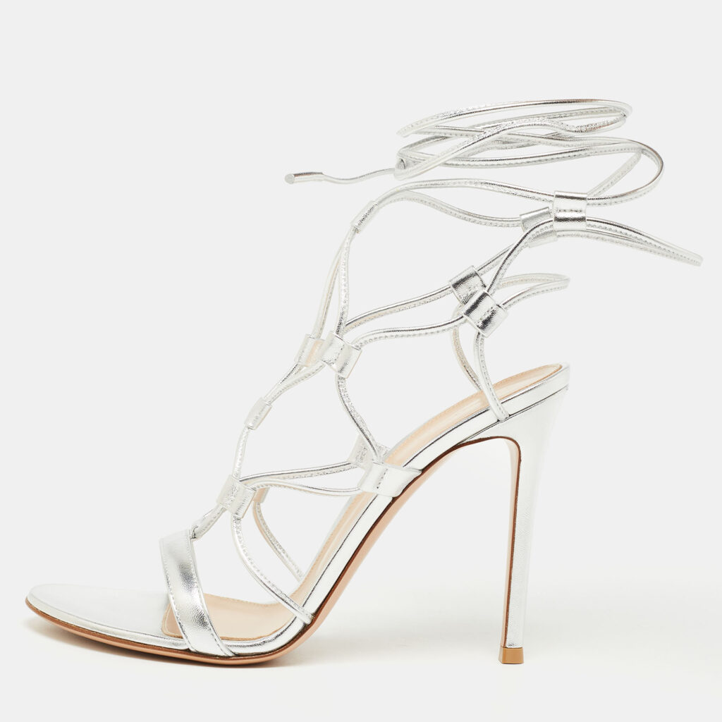 Gianvito Rossi Silver Leather Giza Ankle Wrap Sandals Size 39