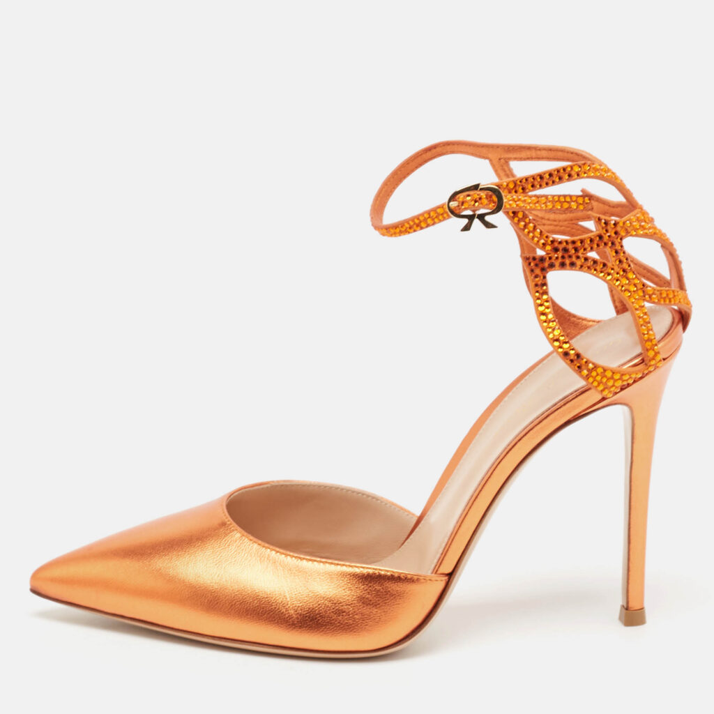 luxury-women-gianvito-rossi-new-shoes-p1084807-010 Gianvito Rossi Metallic Orange Leather Fleur Sandals Size 39