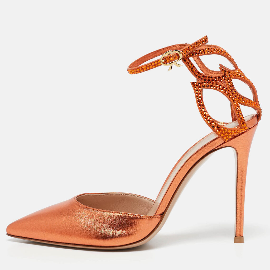 luxury-women-gianvito-rossi-new-shoes-p1084813-010 Gianvito Rossi Metallic Orange Leather Fleur Sandals Size 39
