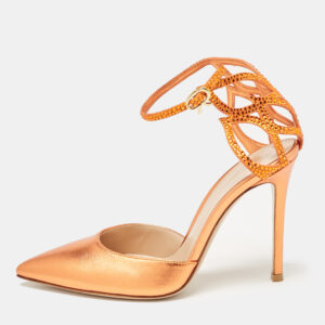 Gianvito Rossi Metallic Orange Leather Fleur Ankle Strap Sandals Size 39