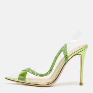 Gianvito Rossi Transparent/Green PVC and Suede Embellished Hortensia Pumps Size 38