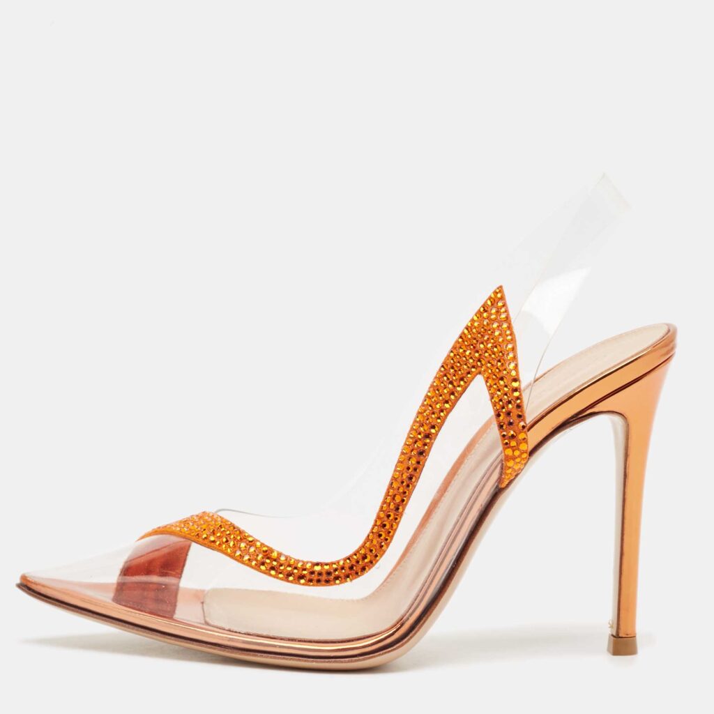 Gianvito Rossi Transparent/Orange PVC and Suede Embellished Hortensia Pumps Size 35