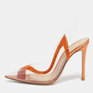 Gianvito Rossi Transparent/Orange PVC and Suede Embellished Hortensia Pumps Size 37