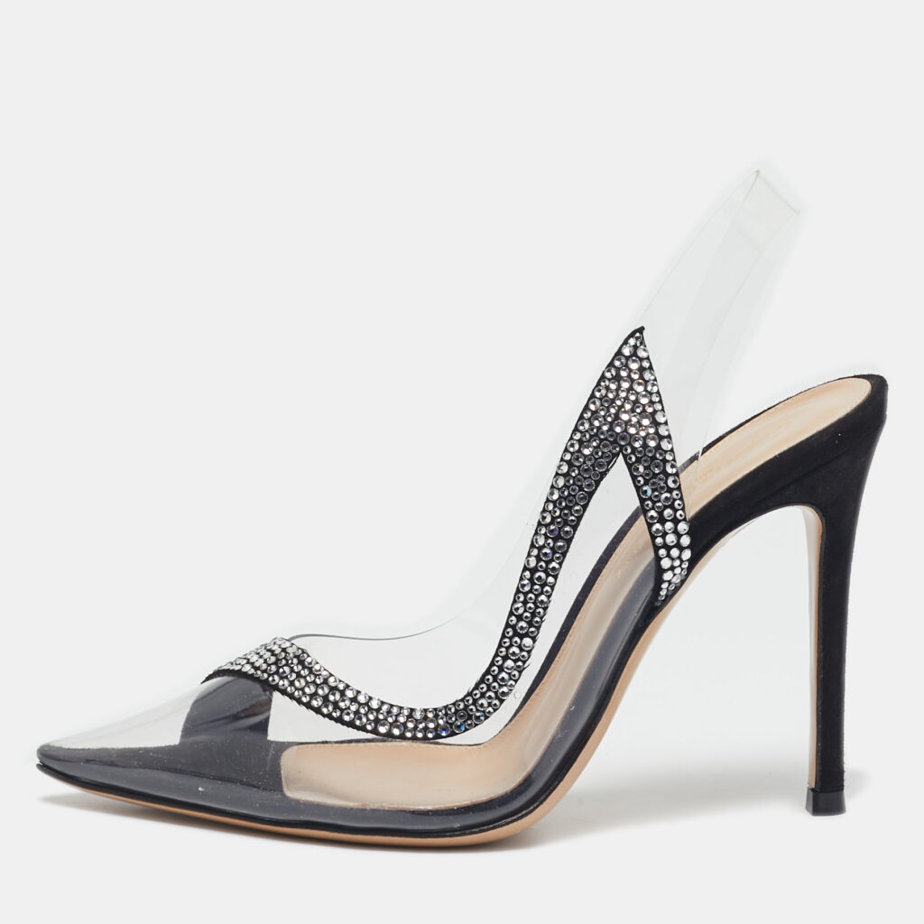 Gianvito Rossi Transparent/Black PVC and Suede Embellished Hortensia Pumps Size 35