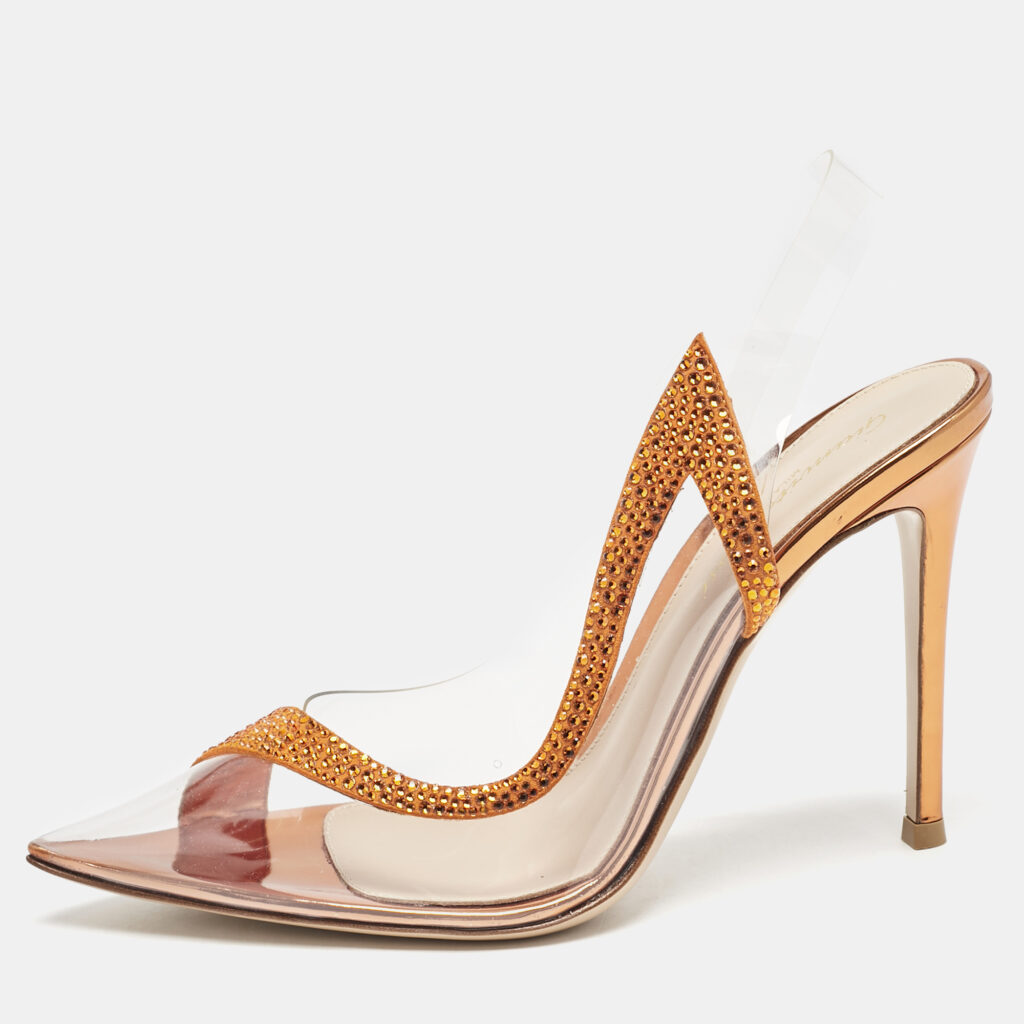 Gianvito Rossi Transparent/Orange PVC and Suede Embellished Hortensia Pumps Size 37.5