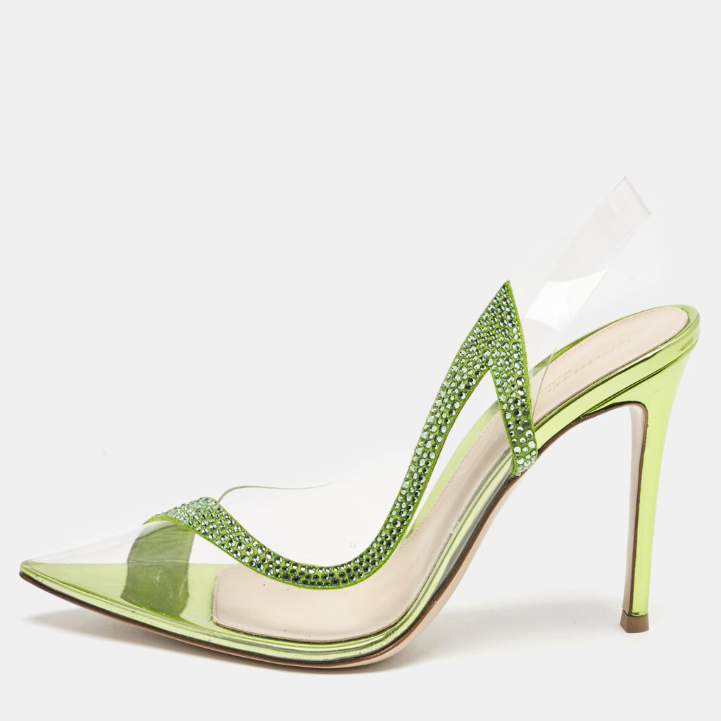 luxury-women-gianvito-rossi-new-shoes-p1132113-007 Gianvito Rossi Transparent/Green PVC and Suede Embellished Hortensia Pumps Size 38.5