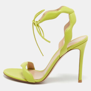 Gianvito Rossi Green Leather Wavy Ankle Tie Sandals Size 37.5