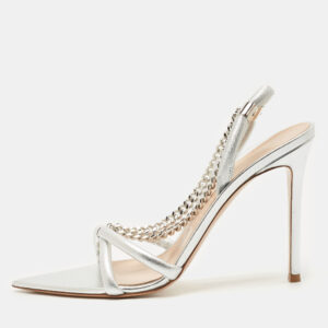 Gianvito Rossi Silver Leather Chain Detail Slingback Sandals Size 41