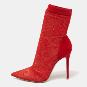 Gianvito Rossi Red Lace And Suede Pointed Ankle Booties Size 39