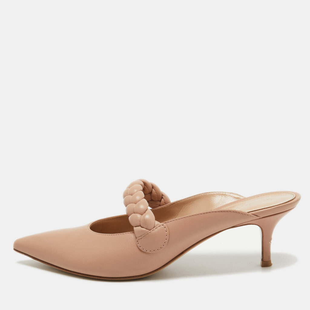 luxury-women-gianvito-rossi-used-shoes-p1022039-001 Gianvito Rossi Beige Leather Braided Pointed Toe Slide Sandals Size 39