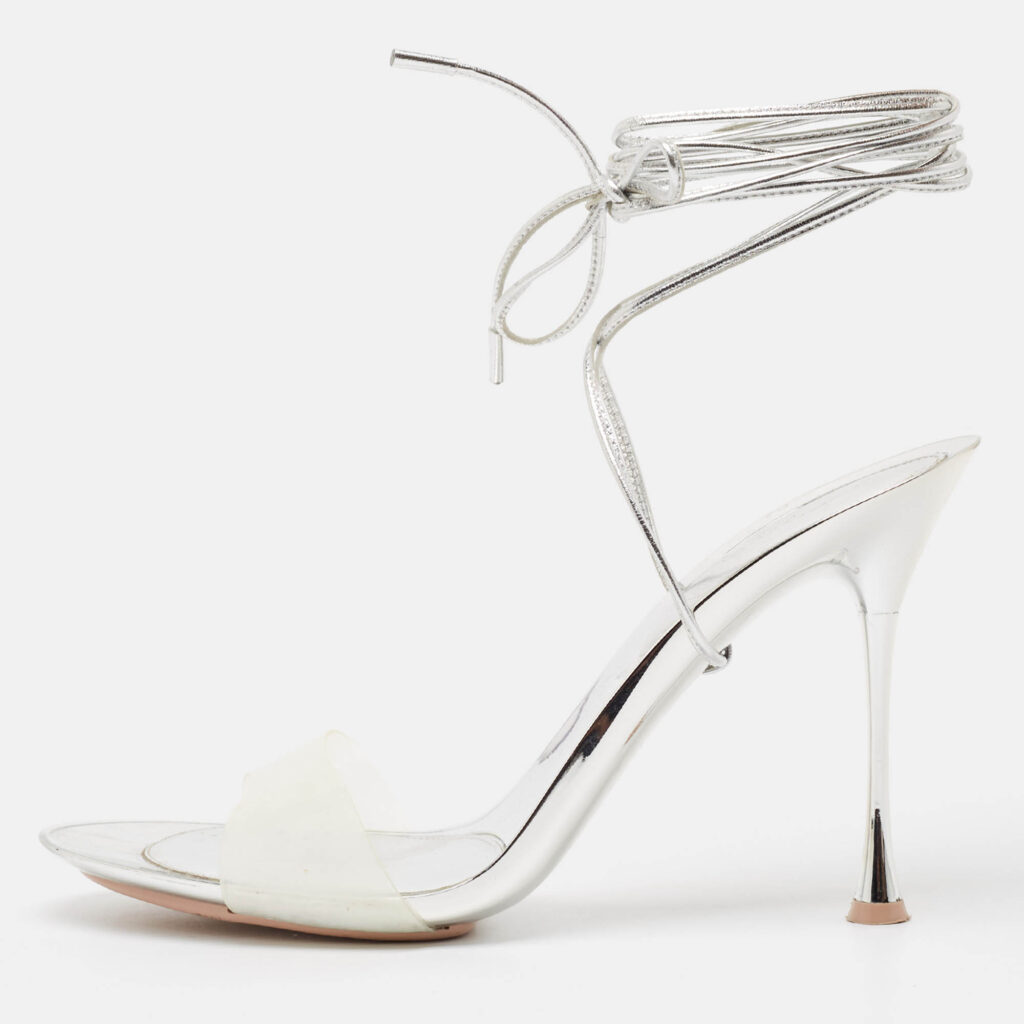 luxury-women-gianvito-rossi-used-shoes-p1038202-010 Gianvito Rossi Silver Leather and PVC Spice Sandals Size 41