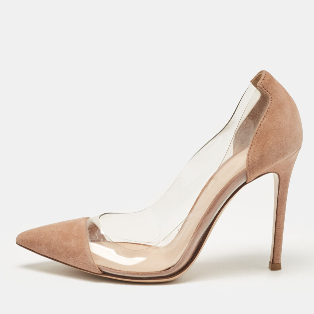 luxury-women-gianvito-rossi-used-shoes-p1040912-003 Gianvito Rossi Beige PVC and Suede Plexi Pumps Size 35.5