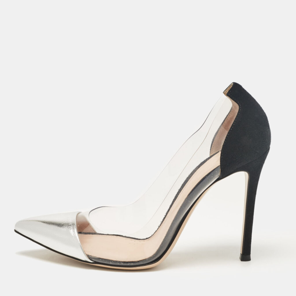 luxury-women-gianvito-rossi-used-shoes-p1041502-003 Gianvito Rossi Silver/Black Leather, Suede and PVC Plexi Pumps Size 36.5