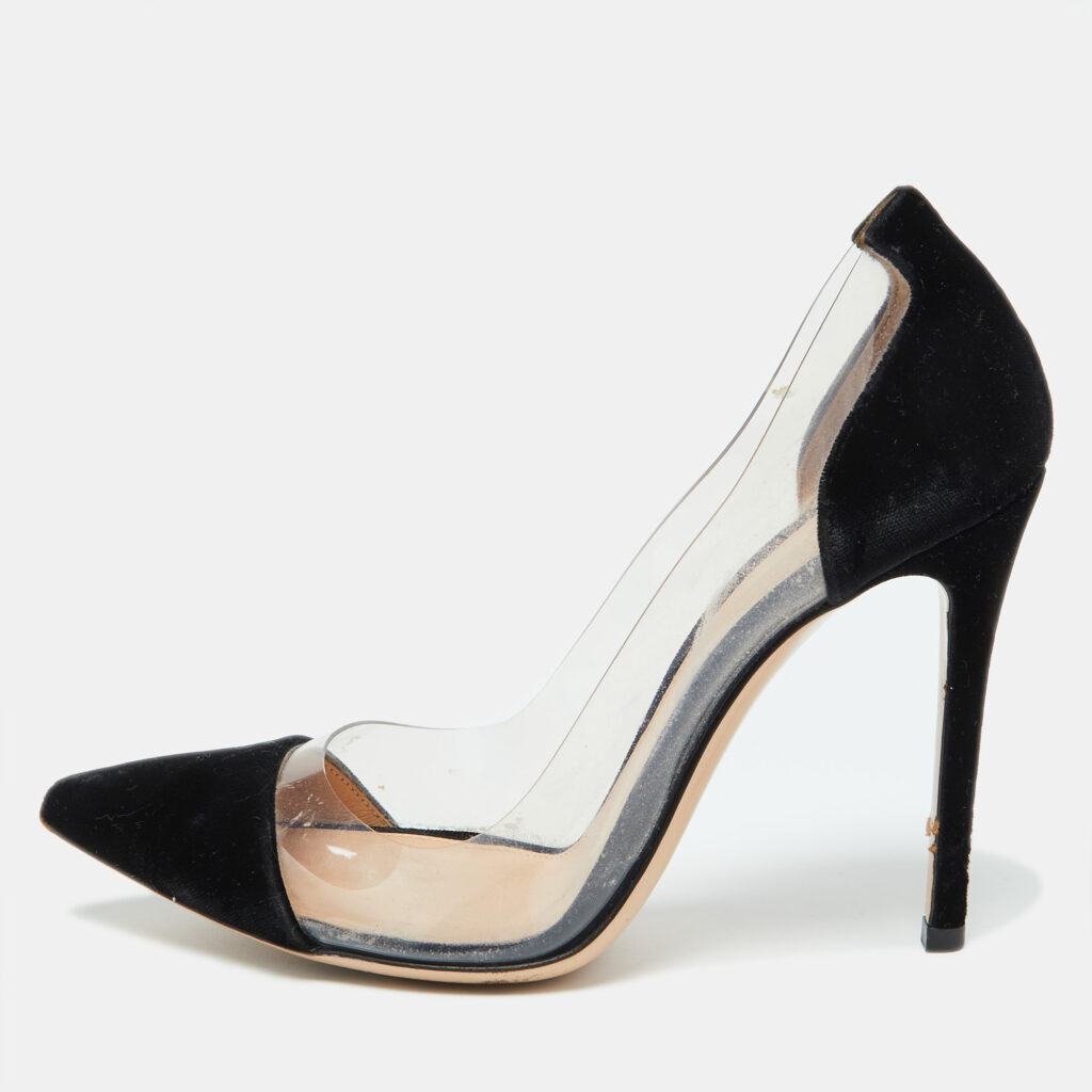 Gianvito Rossi Black Velvet and PVC Plexi Pointed Toe Pumps Size 37