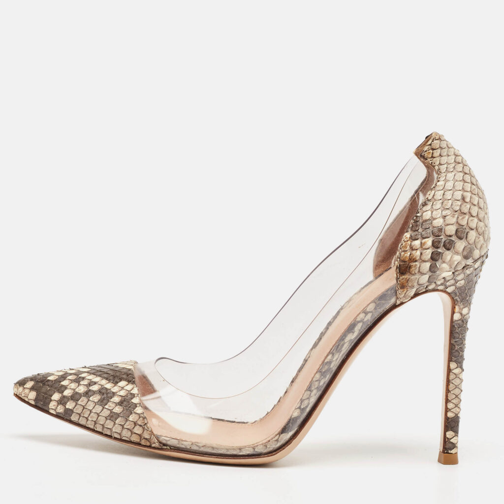 luxury-women-gianvito-rossi-used-shoes-p1051588-010 Gianvito Rossi Brown/Beige Python and PVC Plexi Pumps Size 38