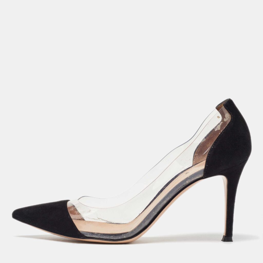 luxury-women-gianvito-rossi-used-shoes-p1054429-003 Gianvito Rossi Black PVC and Suede Plexi Pointed Toe Pumps Size 37.5