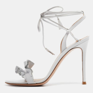 Gianvito Rossi Light Grey Leather Ruffled Ankle Wrap Sandals Size 38.5