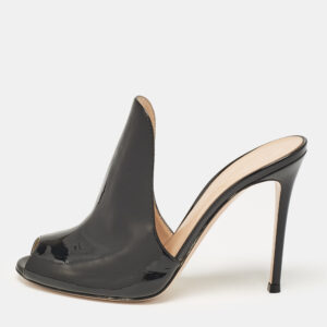 Gianvito Rossi Black Patent Leather Peep Toe Mules Size 39