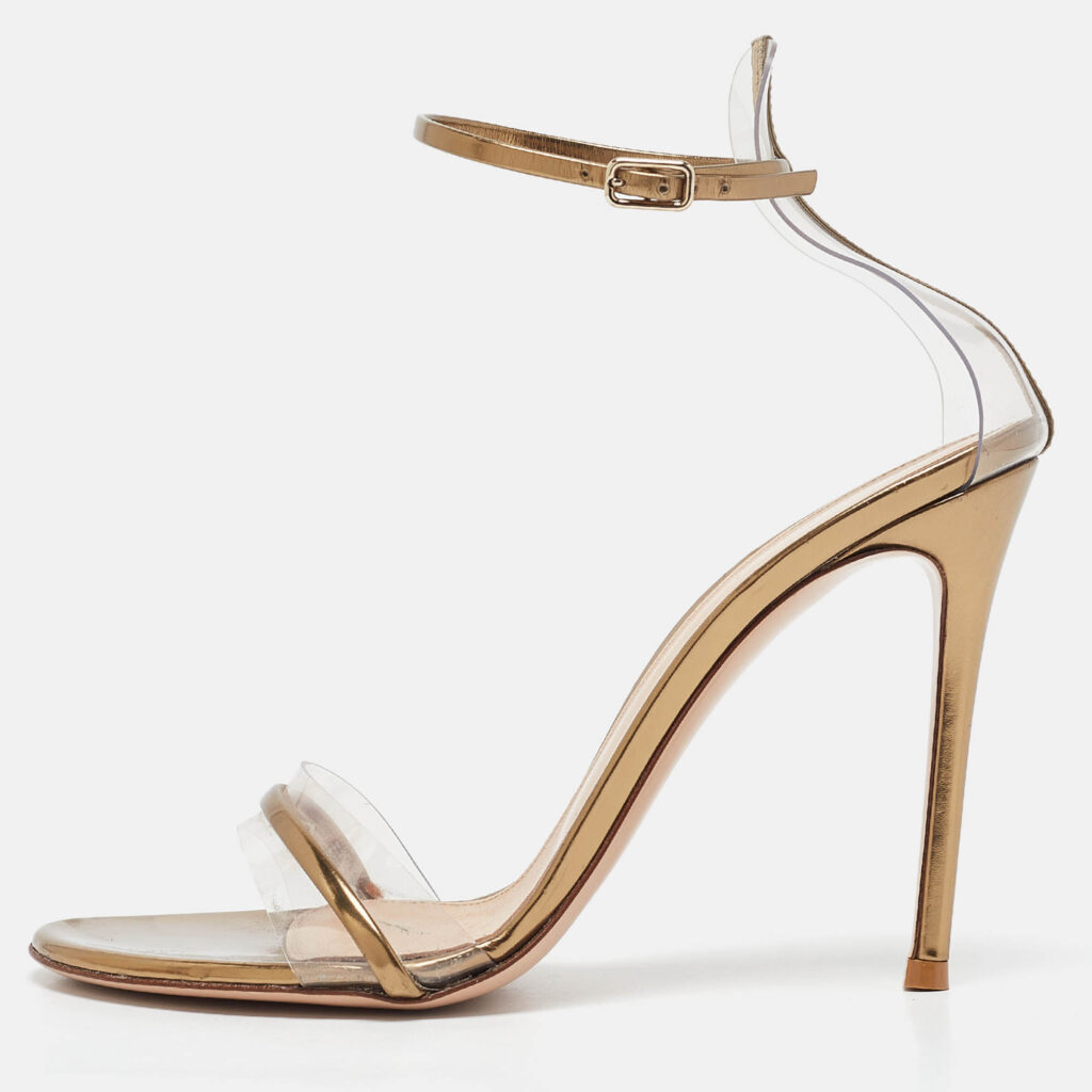 luxury-women-gianvito-rossi-used-shoes-p1076275-010 Gianvito Rossi Gold/Transparent Leather and PVC Ankle Strap Sandals Size 39.5