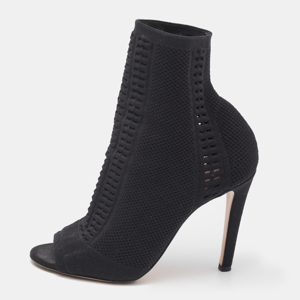 luxury-women-gianvito-rossi-used-shoes-p1091517-003 Gianvito Rossi Black Stretch Knit Vires Open Toe Ankle Length Boots Size 36.5