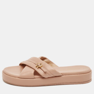 Gianvito Rossi Pink Leather alima Criss Cross Flat Slides Size 38