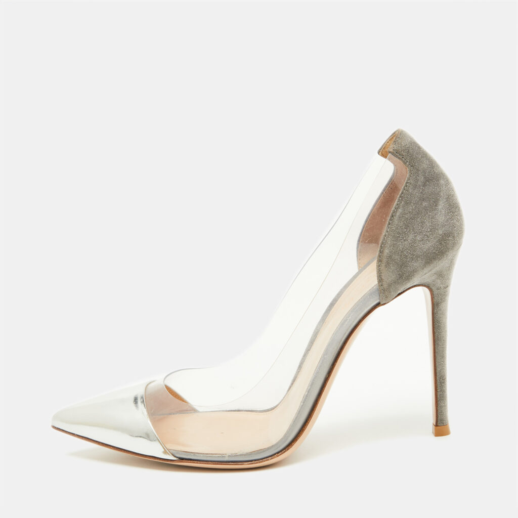 luxury-women-gianvito-rossi-used-shoes-p1093227-002 Gianvito Rossi Grey/Silver Suede and PVC Plexi Pointed Toe Pumps Size 38