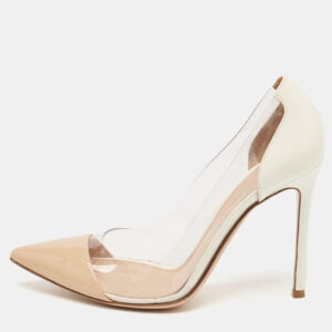 Gianvito Rossi Beige/White Patent Leather And PVC Plexi Pointed Toe Pumps Size 38
