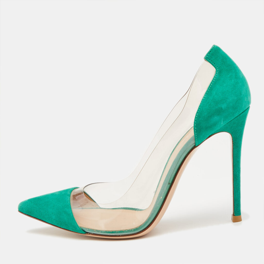 luxury-women-gianvito-rossi-used-shoes-p1097942-001 Gianvito Rossi Green/Transparent PVC and Suede Plexi Pumps Size 39.5