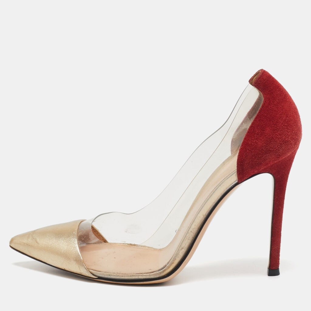 luxury-women-gianvito-rossi-used-shoes-p1100838-001 Gianvito Rossi Red/Gold PVC and Suede Plexi Pumps Size 37