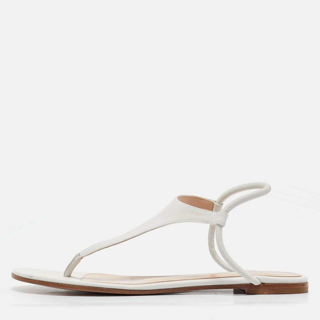 Gianvito Rossi White Leather Thong Flat Sandals Size 37.5