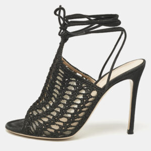 Gianvito Rossi Black Crochet and Suede Ankle Wrap Mules Size 37.5