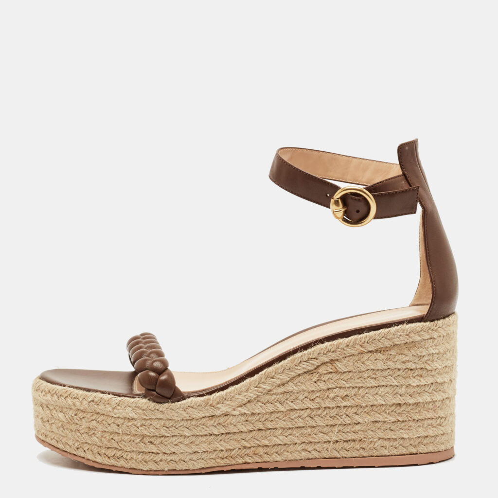 luxury-women-gianvito-rossi-used-shoes-p1127644-001 Gianvito Rossi Brown Braided Leather Merida Espadrille Wedge Sandals Size 41