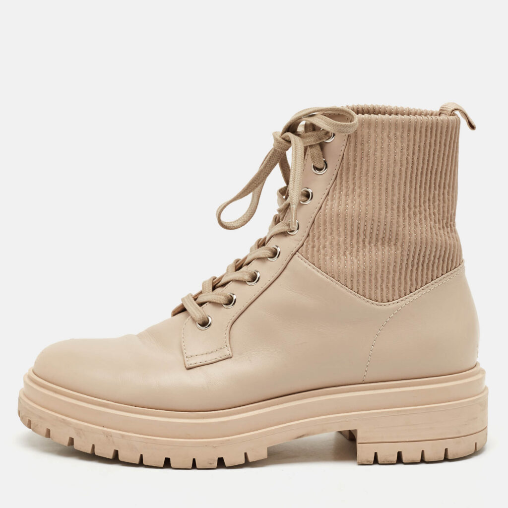 Gianvito Rossi Beige Leather Martis Combat Boots Size 38