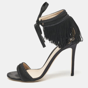 Gianvito Rossi Black Fabric and Satin Fringe Ankle Strap Sandals Size 39.5