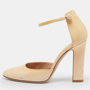 gianvito rossi beige patent leather ankle strap block heel pumps size 38.5