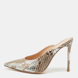 Gianvito Rossi Silver/Beige Python Heel Mules Size 39