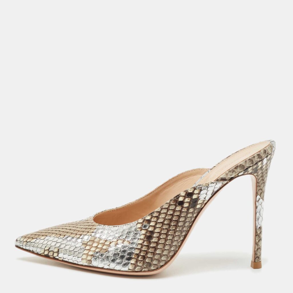 Gianvito Rossi Silver/Beige Python Heel Mules Size 39