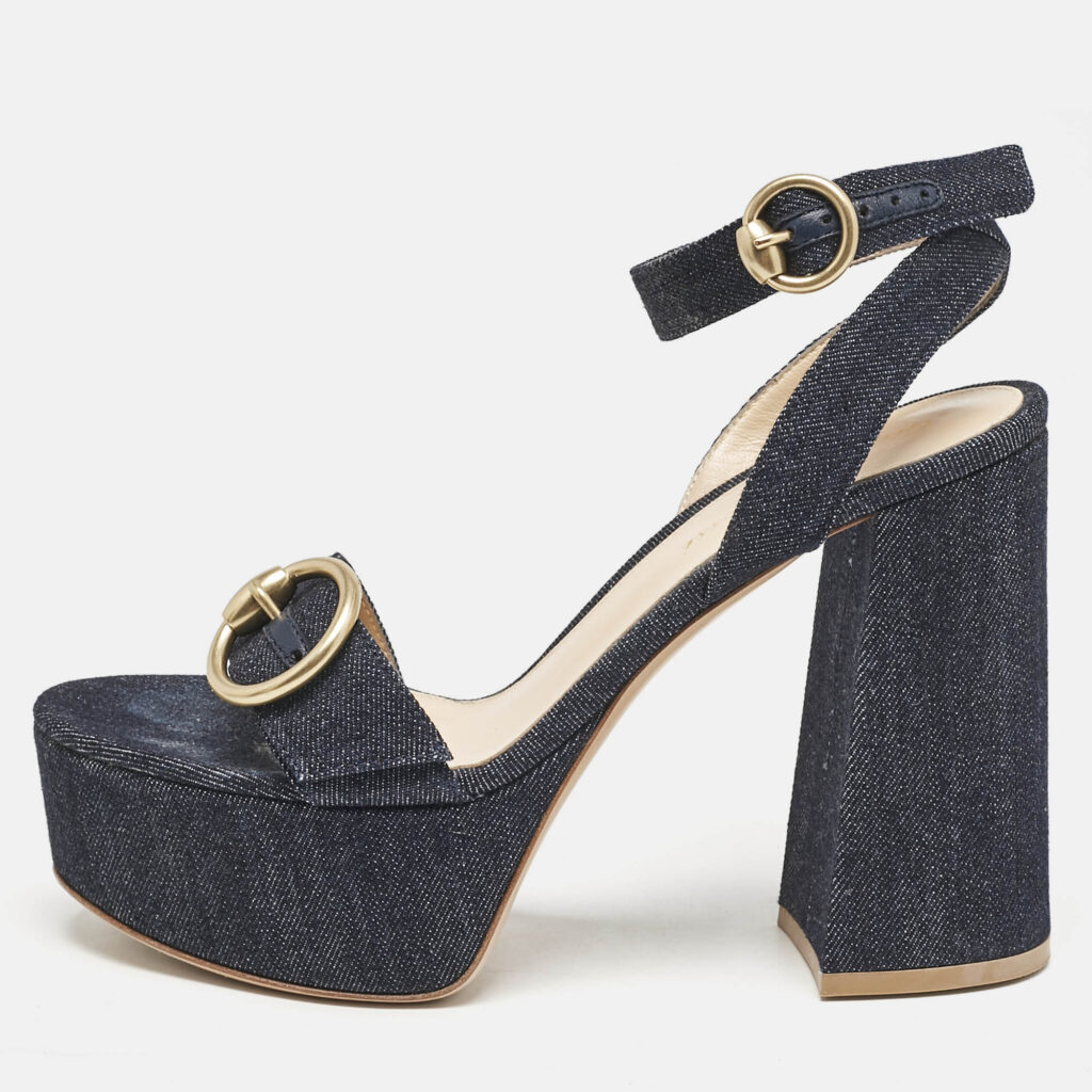 Gianvito Rossi Navy Blue Denim Zandra Platform Sandals Size 37