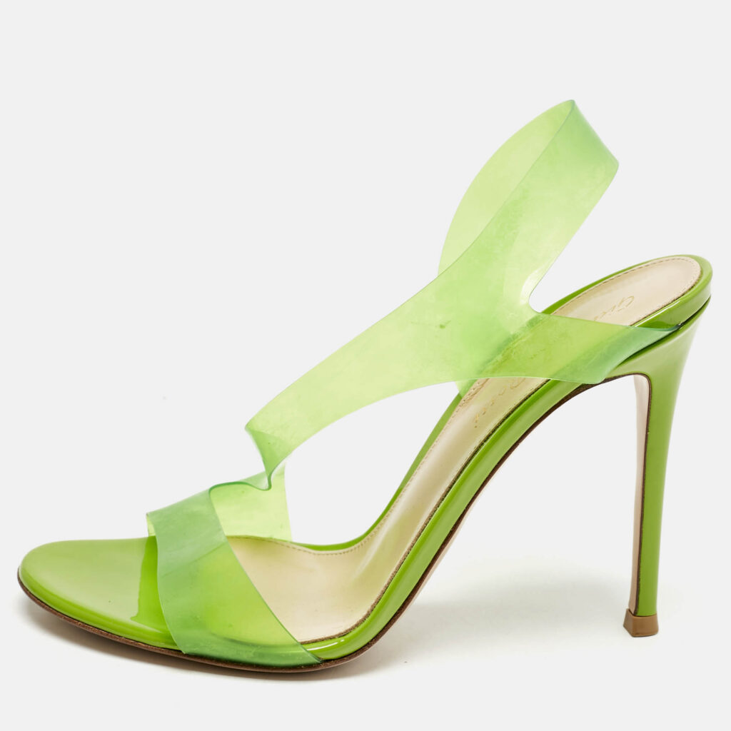 luxury-women-gianvito-rossi-used-shoes-p1152474-010 Gianvito Rossi Green PVC Metropolis Strappy Slingback Sandals Size 37