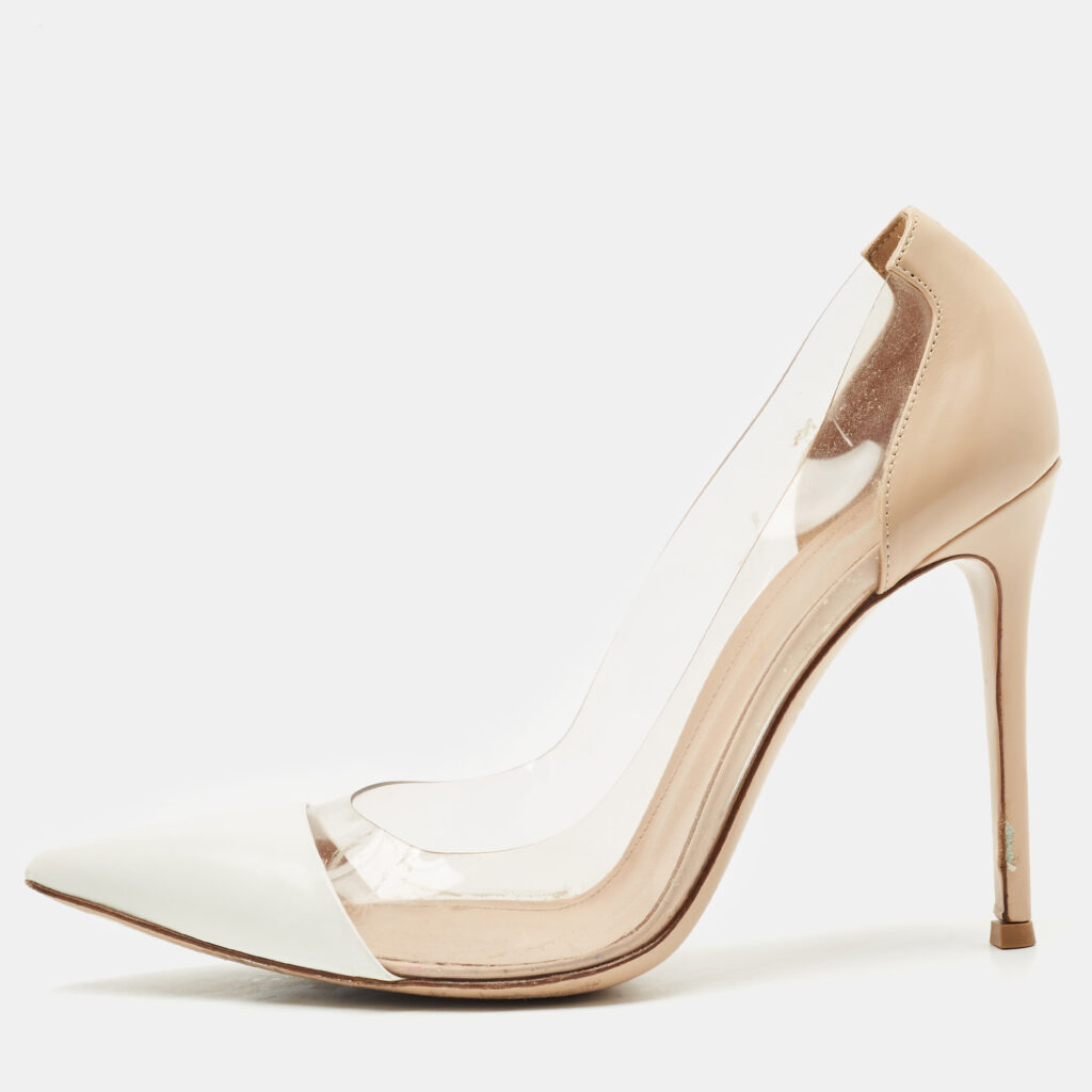 luxury-women-gianvito-rossi-used-shoes-p1155159-003 Gianvito Rossi Off White/Beige Leather and PVC Plexi Pumps Size 39