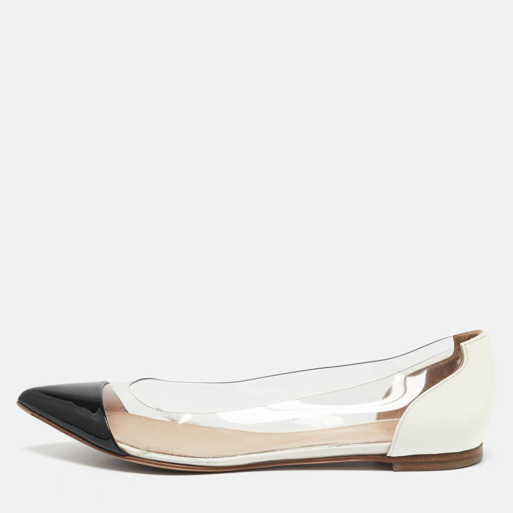 luxury-women-gianvito-rossi-used-shoes-p1155446-010 Gianvito Rossi White/Black Patent Leather and PVC Plexi Pointed Toe Ballet Flats Size 38.5