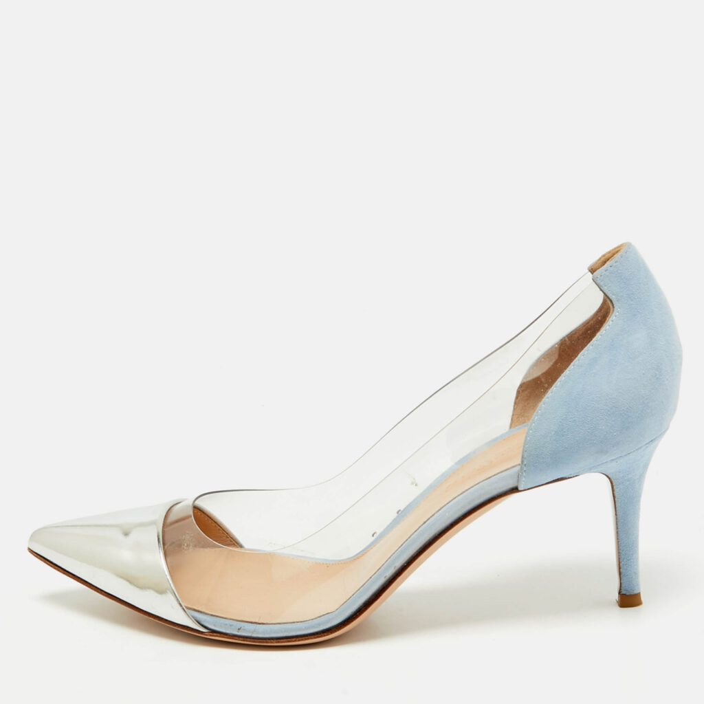 luxury-women-gianvito-rossi-used-shoes-p1159839-010 Gianvito Rossi Silver/Blue Leather and PVC Plexi Pumps Size 40