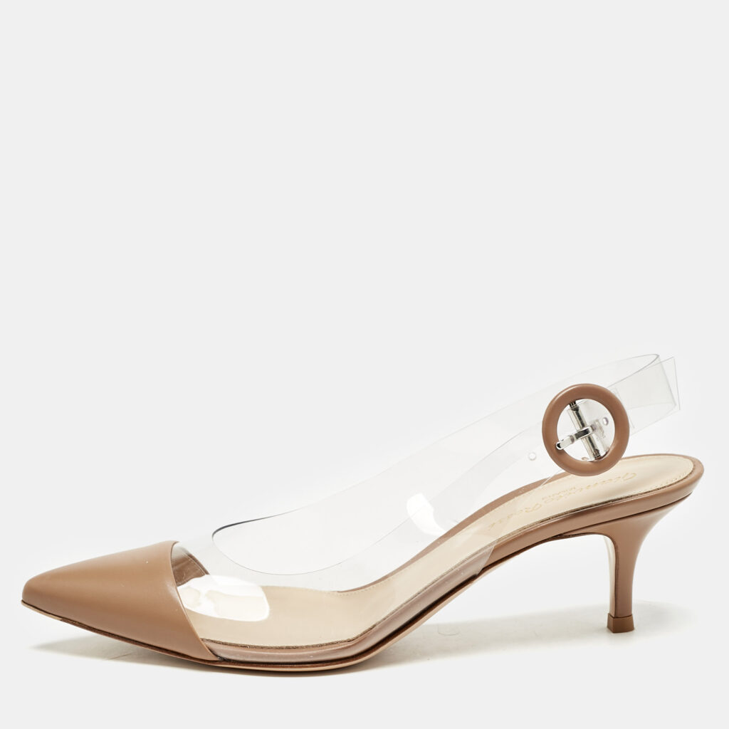 luxury-women-gianvito-rossi-used-shoes-p1161573-003 Gianvito Rossi Beige Leather and PVC Alice Slingback Pumps Size 37