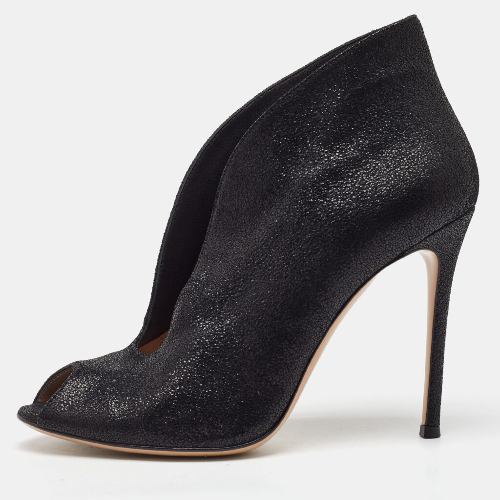 Gianvito Rossi Black Metallic Embossed Suede Vamp Peep Toe Booties Size 40