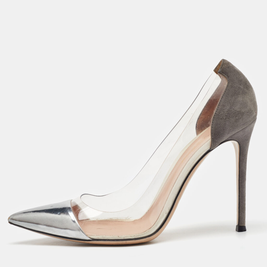 Gianvito Rossi Grey/Silver Suede, Leather and PVC Plexi Pumps Size 40.5