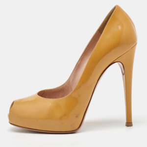 Gianvito Rossi Beige Patent Leather Peep Toe Platform Pumps Size 37.5