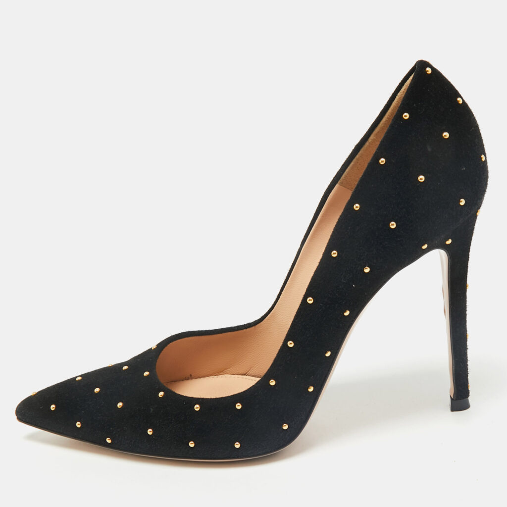 luxury-women-gianvito-rossi-used-shoes-p1167788-010 Gianvito Rossi Black Studded Suede Pointed-Toe Pumps Size 37.5
