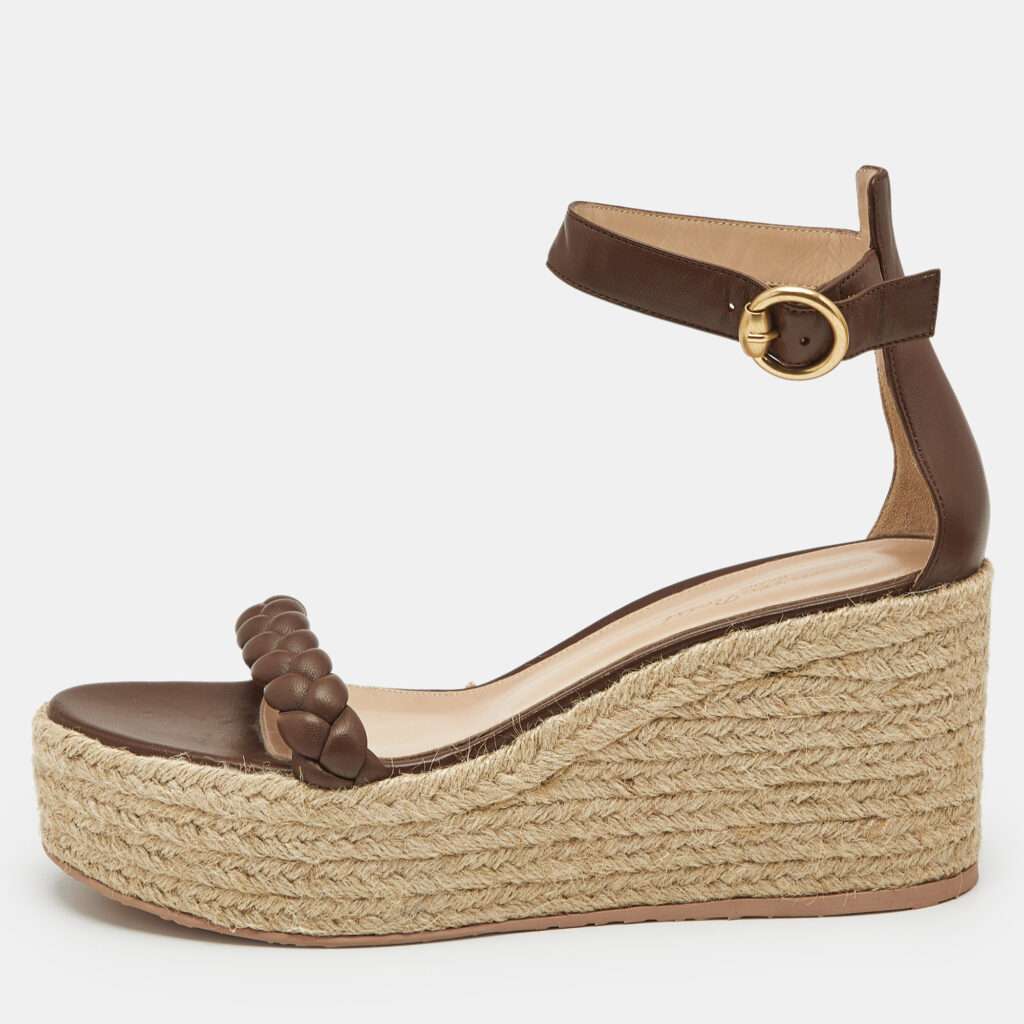 luxury-women-gianvito-rossi-used-shoes-p1170335-001 Gianvito Rossi Brown Leather Merida Wedge Sandals Size 40