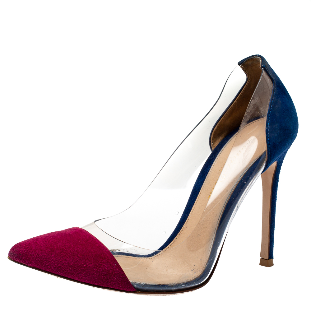 luxury-women-gianvito-rossi-used-shoes-p368995-003 Gianvito Rossi Burgundy/Blue Suede and PVC Plexi Pumps Size 36