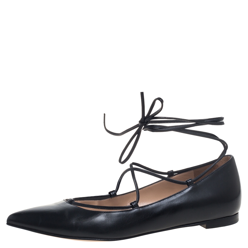 luxury-women-gianvito-rossi-used-shoes-p390520-004 Gianvito Rossi Black Leather Femi Ankle Wrap Pointed Toe Flats Size 35